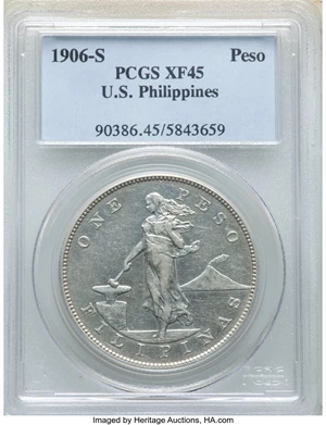 image for: 1906-S Philippines Peso XF45 PCGS. PCGS Population: (16/28). NGC Census: (0/0). CDN: $9,500 Whsle. Bid for NGC/PCGS XF45. ...