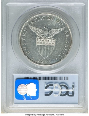 image for: 1906-S Philippines Peso XF45 PCGS. PCGS Population: (16/28). NGC Census: (0/0). CDN: $9,500 Whsle. Bid for NGC/PCGS XF45. ...