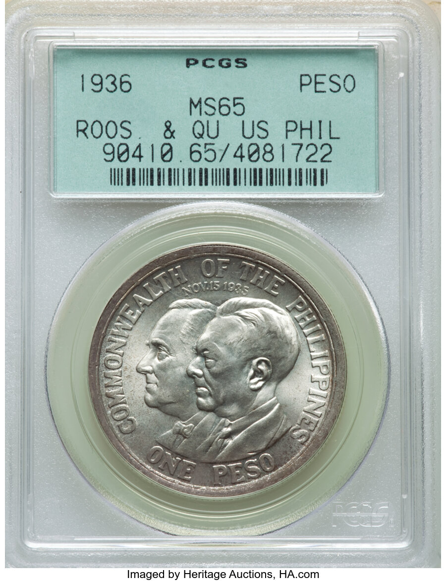 image for: 1936-M  Philippines Peso, Roosevelt and Quezon, MS65 PCGS. PCGS Population: (102/72). NGC Census: (115/54). CDN: $450 Whsle...
