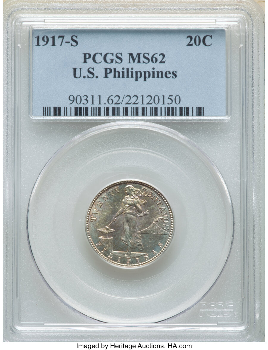 image for: 1917-S 20C Philippines 20 Centavos MS62 PCGS. PCGS Population: (7/41). NGC Census: (0/0)....