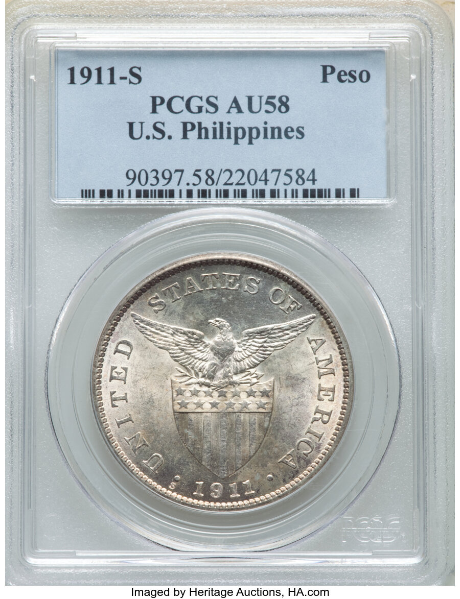 image for: 1911-S  Philippines Peso AU58 PCGS. PCGS Population: (19/28). NGC Census: (0/0). CDN: $1,200 Whsle. Bid for NGC/PCGS AU58. ...