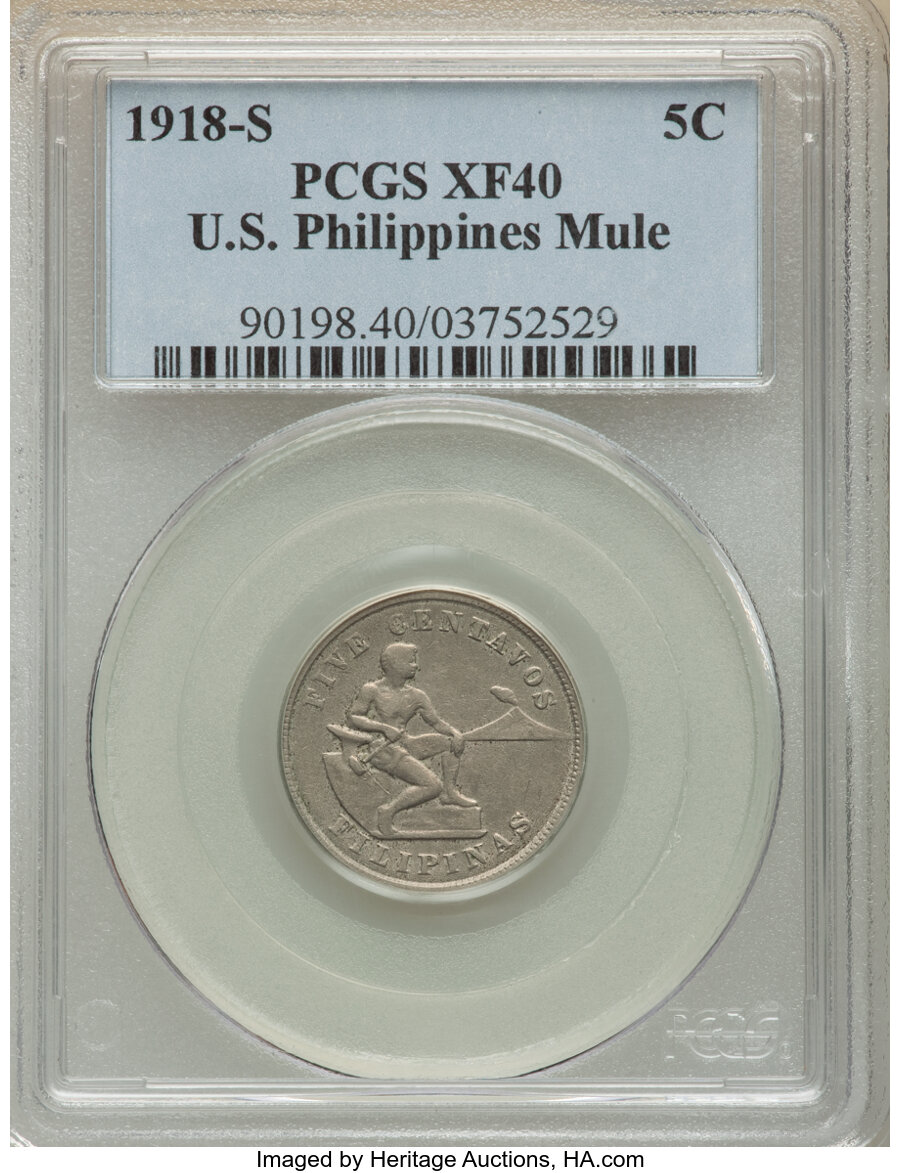 image for: 1918-S 5C Philippines 5 Centavos, Mule, Allen-4.08b, XF40 PCGS. PCGS Population: (3/33). NGC Census: (3/19). CDN: $750 Whsl...
