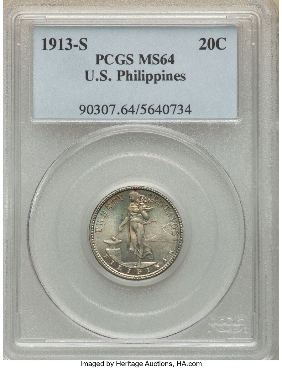 image for: 1913-S 20C Philippines 20 Centavos MS64 PCGS. PCGS Population: (16/11). NGC Census: (0/0)....