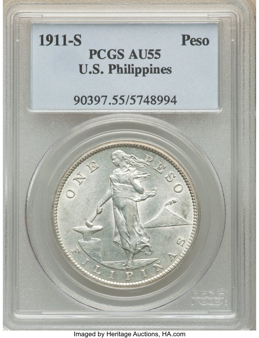 image for: 1911-S  Philippines Peso AU55 PCGS. PCGS Population: (33/47). NGC Census: (0/0). CDN: $900 Whsle. Bid for NGC/PCGS AU55. Mi...
