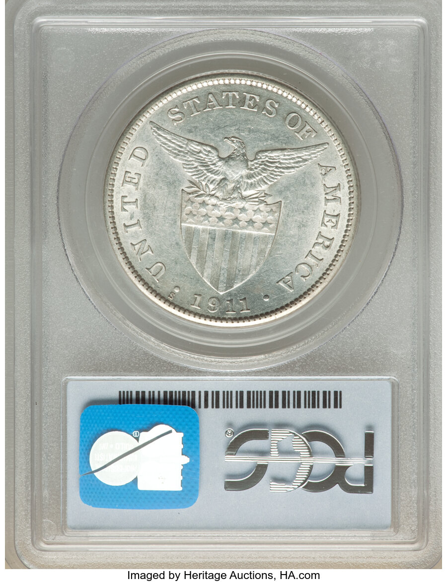 image for: 1911-S  Philippines Peso AU55 PCGS. PCGS Population: (33/47). NGC Census: (0/0). CDN: $900 Whsle. Bid for NGC/PCGS AU55. Mi...