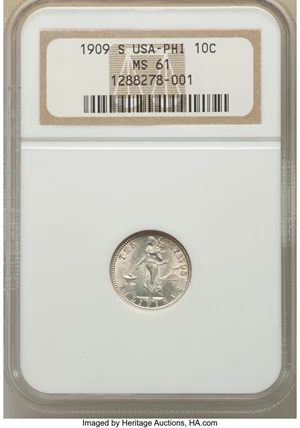 image for: 1909-S 10C Philippines 10 Centavos MS61 NGC. NGC Census: (0/0). PCGS Population: (1/27)....