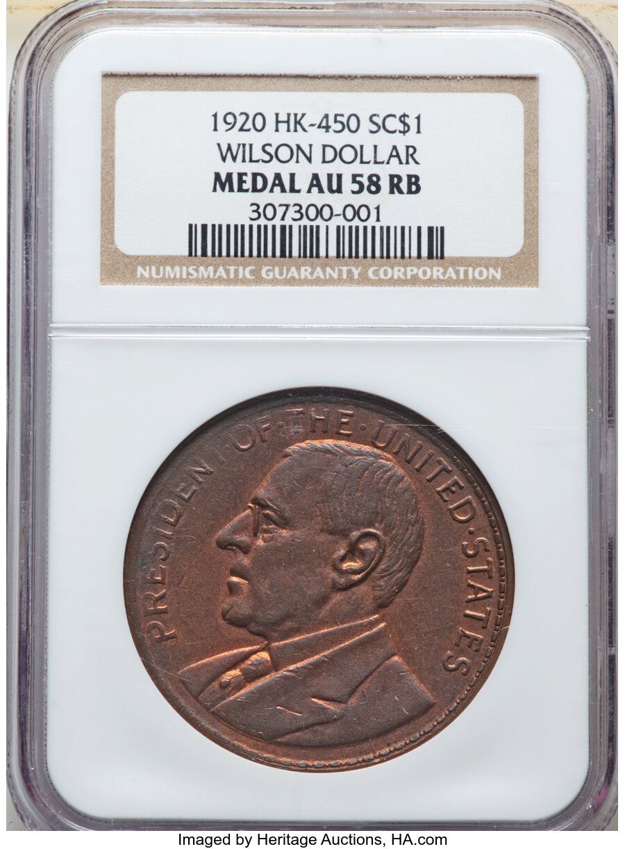 image for: 1920 Medal Manila Mint Opening, Wilson Dollar, Copper, HK-450, R.4, AU58 NGC. NGC Census: (11/19). PCGS Population: (3/6)....