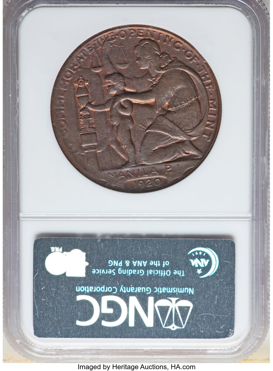 image for: 1920 Medal Manila Mint Opening, Wilson Dollar, Copper, HK-450, R.4, AU58 NGC. NGC Census: (11/19). PCGS Population: (3/6)....
