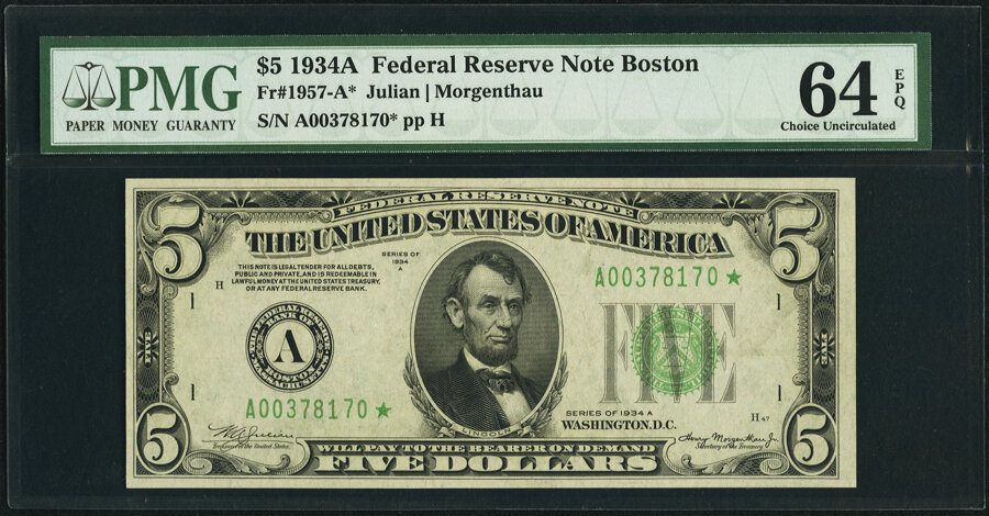 image for: Fr. 1957-A* $5 1934A Federal Reserve Star Note. PMG Choice Uncirculated 64 EPQ....