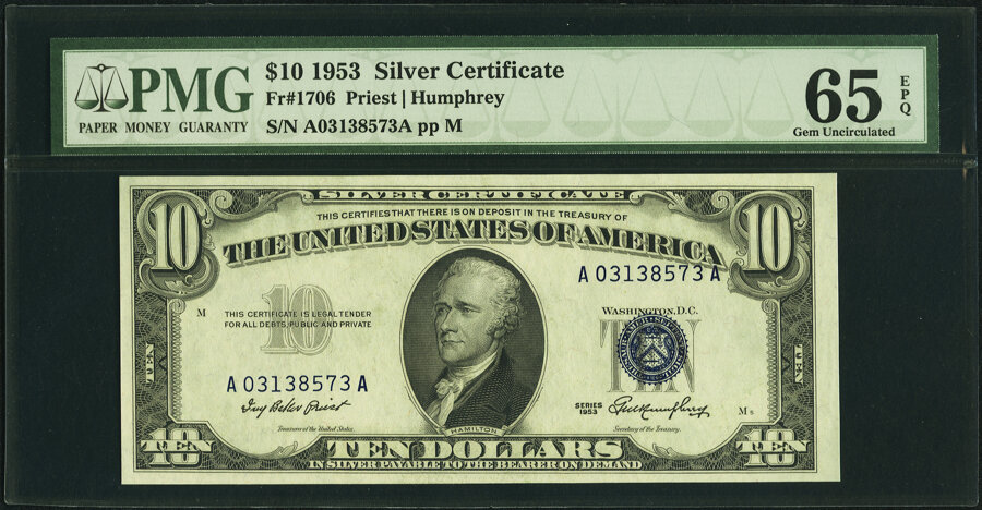 image for: Fr. 1706 $10 1953 Silver Certificate. PMG Gem Uncirculated 65 EPQ....