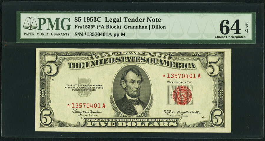 image for: Fr. 1535* $5 1953C Legal Tender Star Note. PMG Choice Uncirculated 64 EPQ....