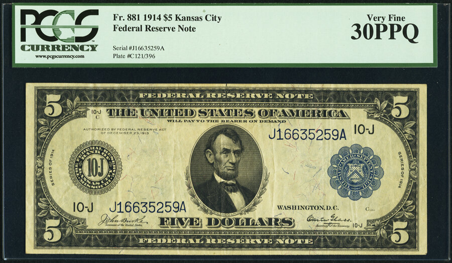 image for: Fr. 881 $5 1914 Federal Reserve Note PCGS Very Fine 30PPQ....