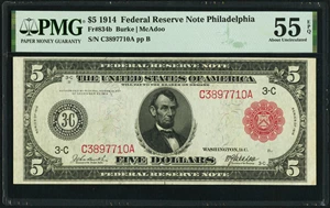 image for: Fr. 834b $5 1914 Red Seal Federal Reserve Note PMG About Uncirculated 55 EPQ....