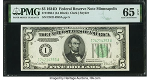 image for: Fr. 1960-I $5 1934D Federal Reserve Note. PMG Gem Uncirculated 65 EPQ....