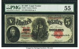 image for: Fr. 88 $5 1907 Legal Tender PMG About Uncirculated 55....