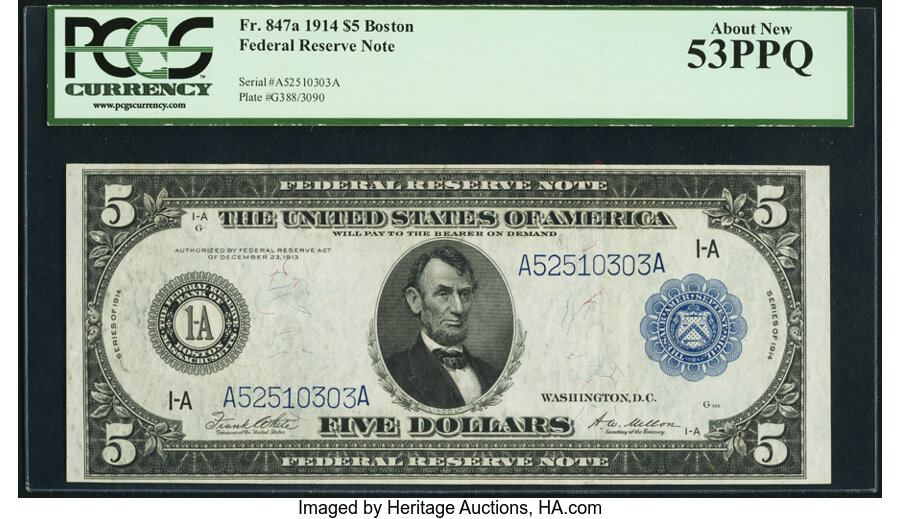 image for: Fr. 847a $5 1914 Federal Reserve Note PCGS About New 53PPQ....