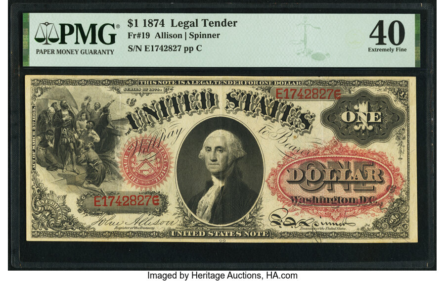 image for: Fr. 19 $1 1874 Legal Tender PMG Extremely Fine 40....