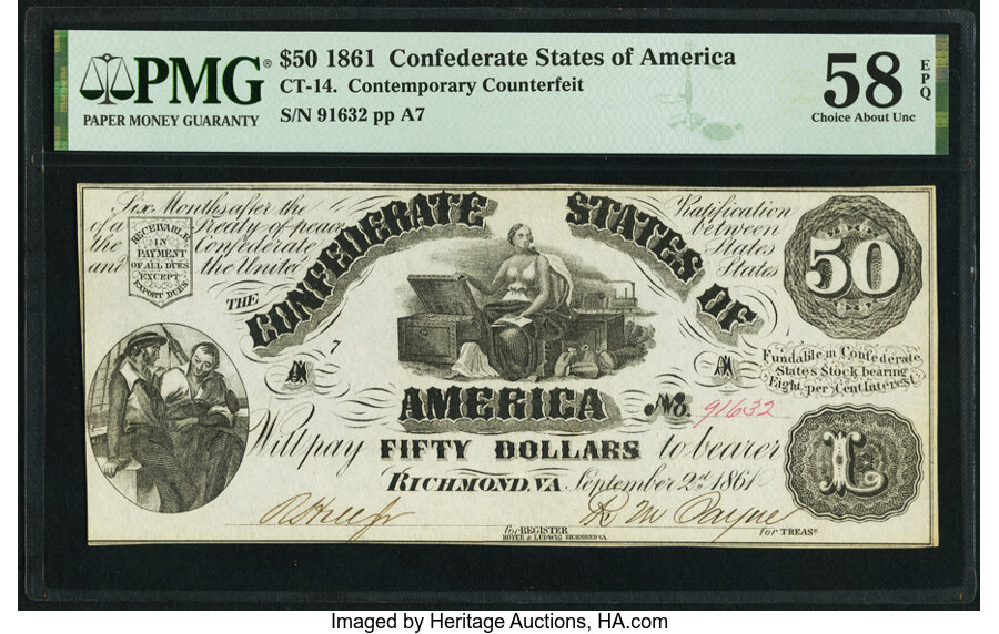 image for: CT14/76C $50 1861 Counterfeit PMG Choice About Unc 58 EPQ....