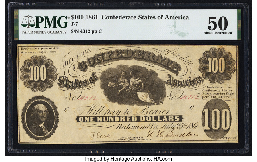 image for: T7 $100 1861 PF-4 Cr. 11 PMG About Uncirculated 50....