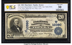 image for: Topeka, KS - $20 1902 Plain Back Fr. 656 The Farmers National Bank Ch. # (W)10390 PCGS Very Fine 30....