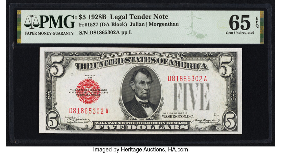 image for: Fr. 1527 $5 1928B Legal Tender Note. PMG Gem Uncirculated 65 EPQ....
