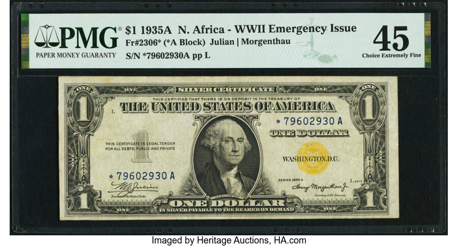 image for: Fr. 2306* $1 1935A North Africa Silver Certificate Star. PMG Choice Extremely Fine 45....