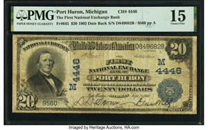 image for: Port Huron, MI - $20 1902 Date Back Fr. 645 The First National Exchange Bank Ch. # (M)4446 PMG Choice Fine 15....
