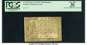 image for: Virginia May 4, 1778 (Dates Printed) $7 PCGS Apparent Very Fine 30....