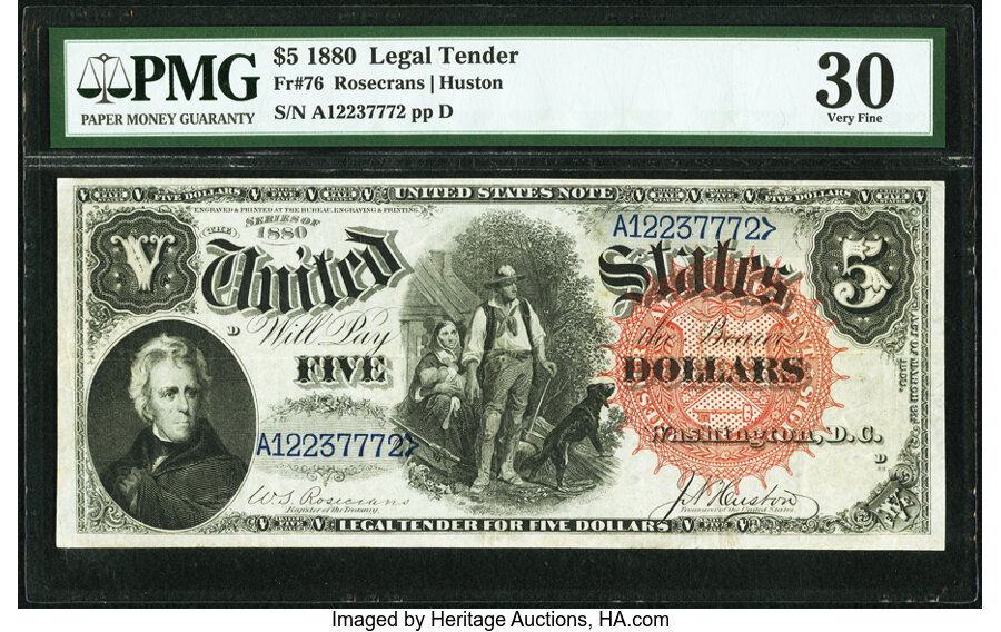 image for: Fr. 76 $5 1880 Legal Tender PMG Very Fine 30....