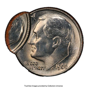 image for: 1966 10C Roosevelt Dime -- Double Struck, Second Strike 80% Off Center -- MS63 PCGS....
