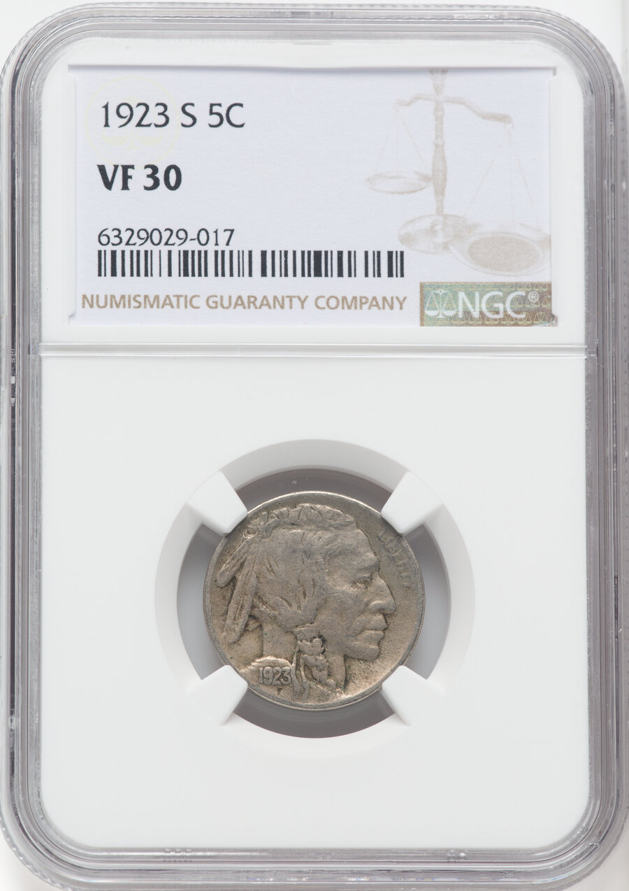 1923-S 5C VF30 NGC. NGC Census: (101/1023). PCGS Population: (120/1589). CDN: $95 Whsle. Bid for NGC/PCGS VF30. Mintage 6,1...