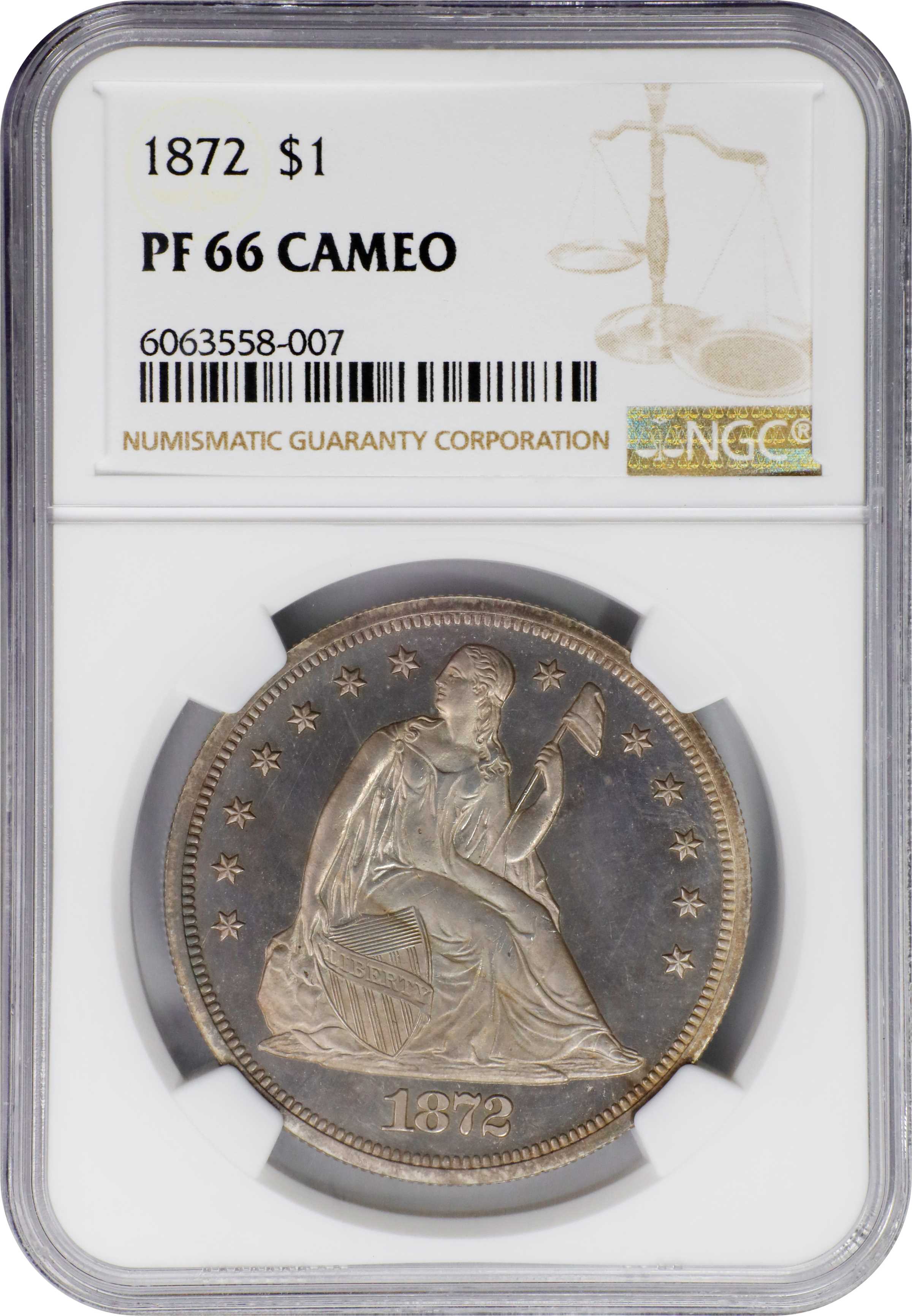 image for: 1872 Liberty Seated Silver Dollar. Proof-66 Cameo (NGC).