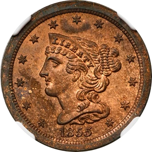 image for: 1855 Braided Hair Half Cent. C-1, the only known dies. Rarity-5 as a Proof. Proof-62 BN (NGC).