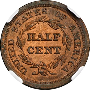 image for: 1855 Braided Hair Half Cent. C-1, the only known dies. Rarity-5 as a Proof. Proof-62 BN (NGC).