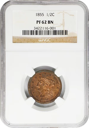 image for: 1855 Braided Hair Half Cent. C-1, the only known dies. Rarity-5 as a Proof. Proof-62 BN (NGC).