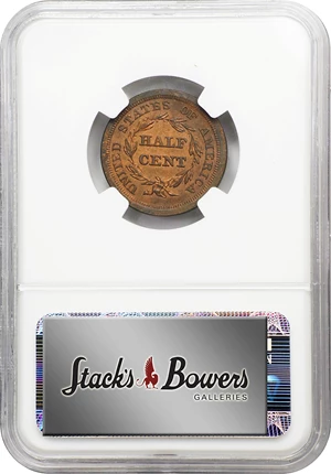 image for: 1855 Braided Hair Half Cent. C-1, the only known dies. Rarity-5 as a Proof. Proof-62 BN (NGC).