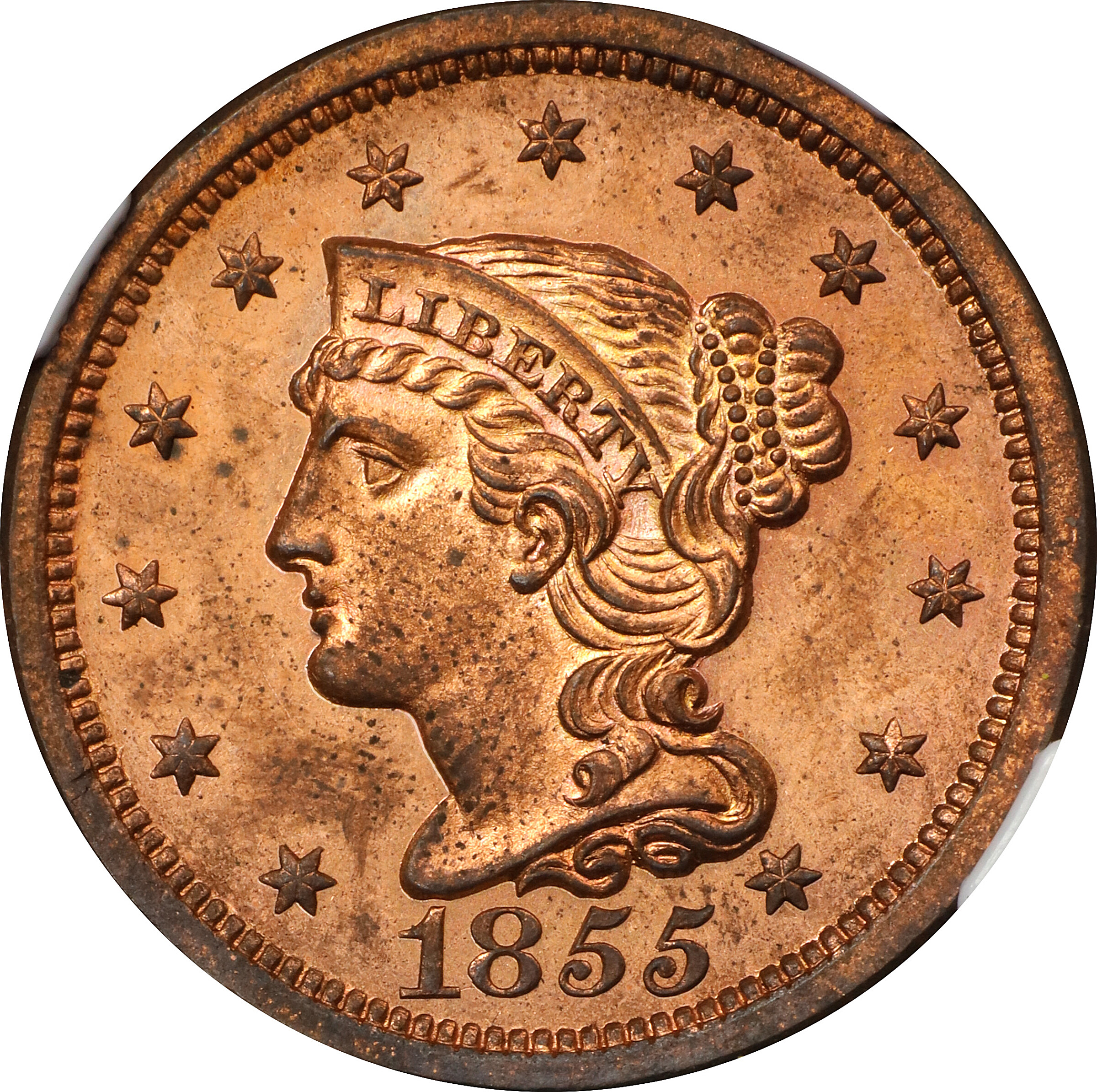 image for: 1855 Braided Hair Cent. N-10. Rarity-5 as a Proof. Slanting 5s. Proof-63 RB (NGC).
