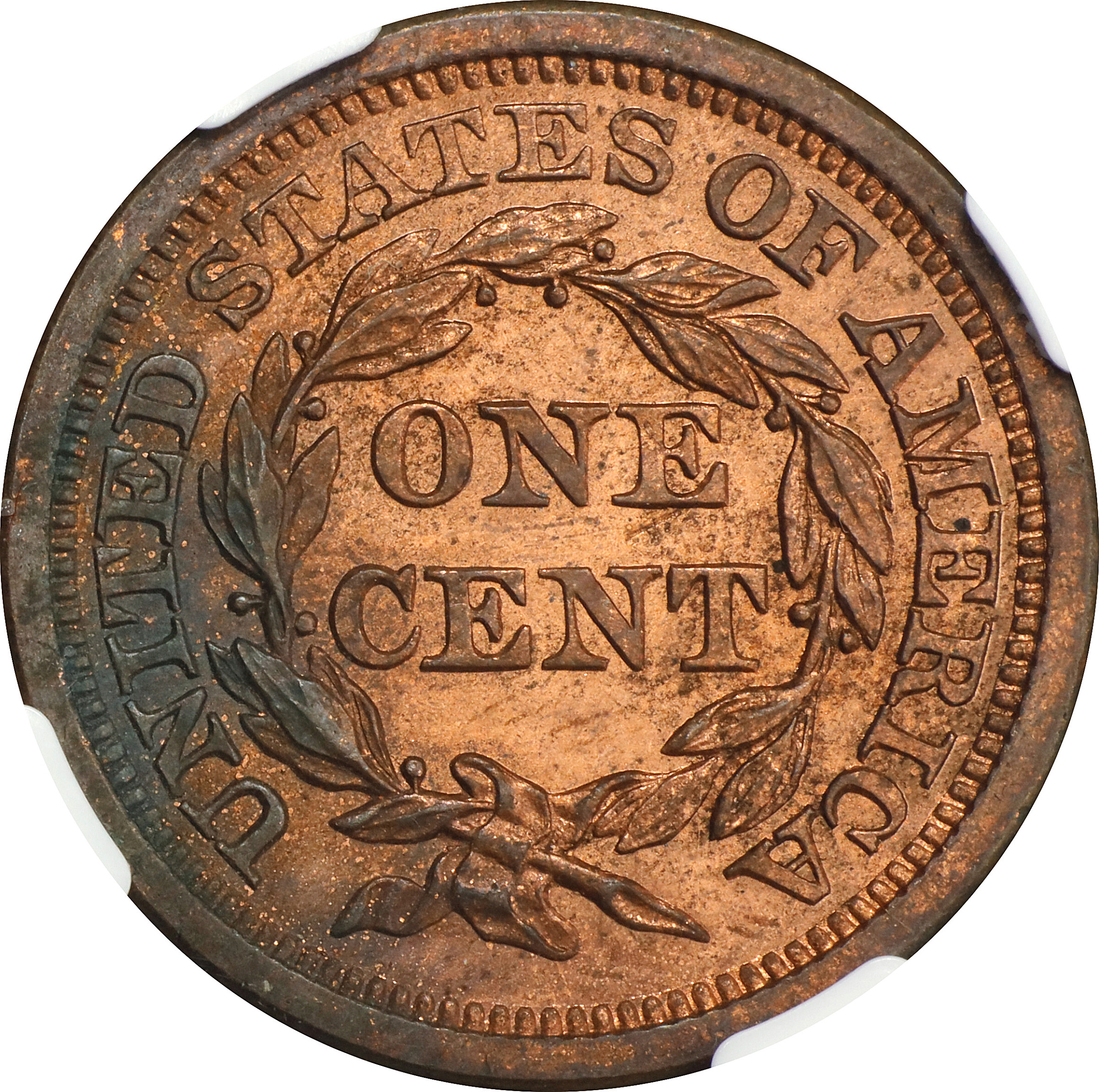 image for: 1855 Braided Hair Cent. N-10. Rarity-5 as a Proof. Slanting 5s. Proof-63 RB (NGC).