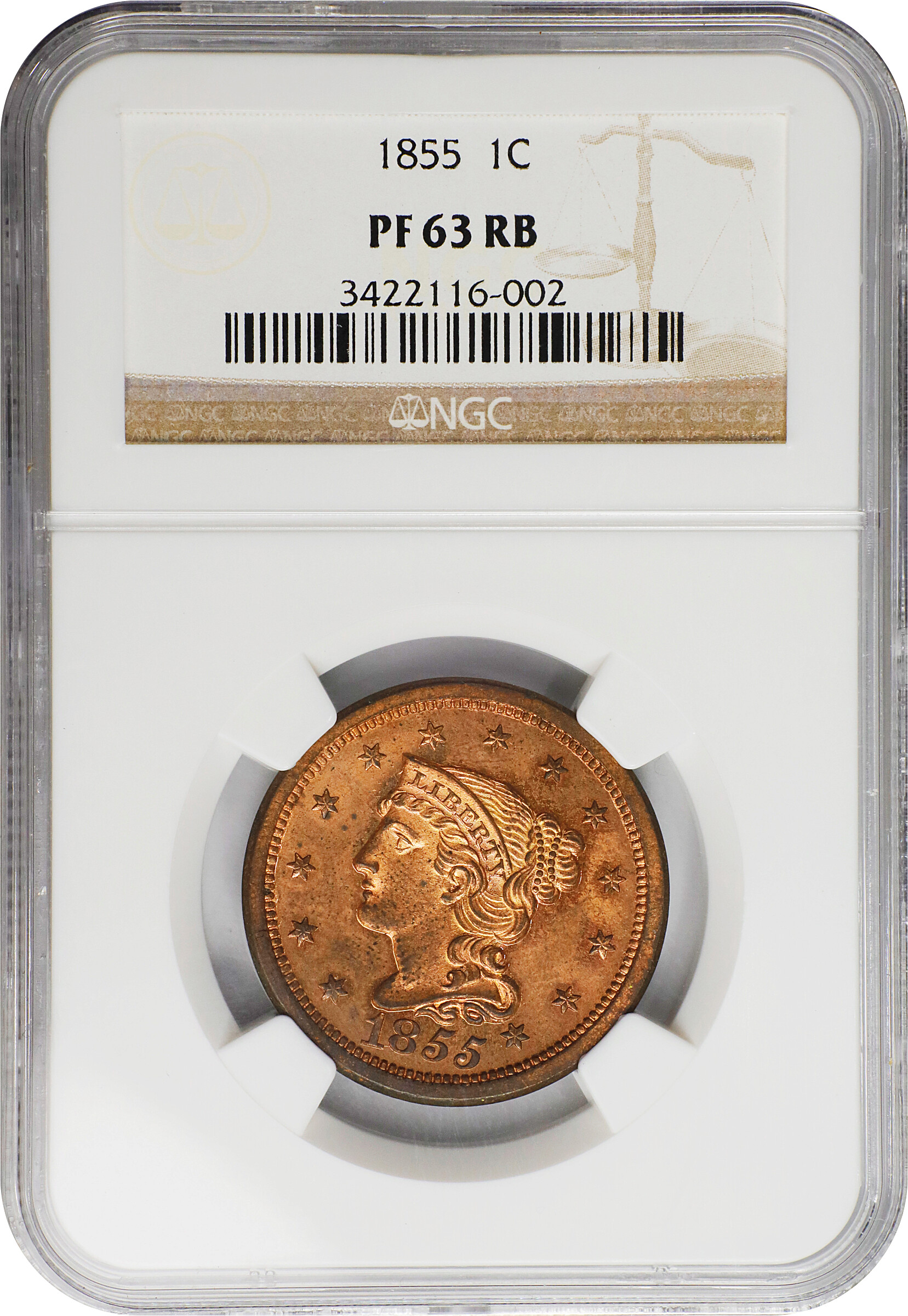 image for: 1855 Braided Hair Cent. N-10. Rarity-5 as a Proof. Slanting 5s. Proof-63 RB (NGC).