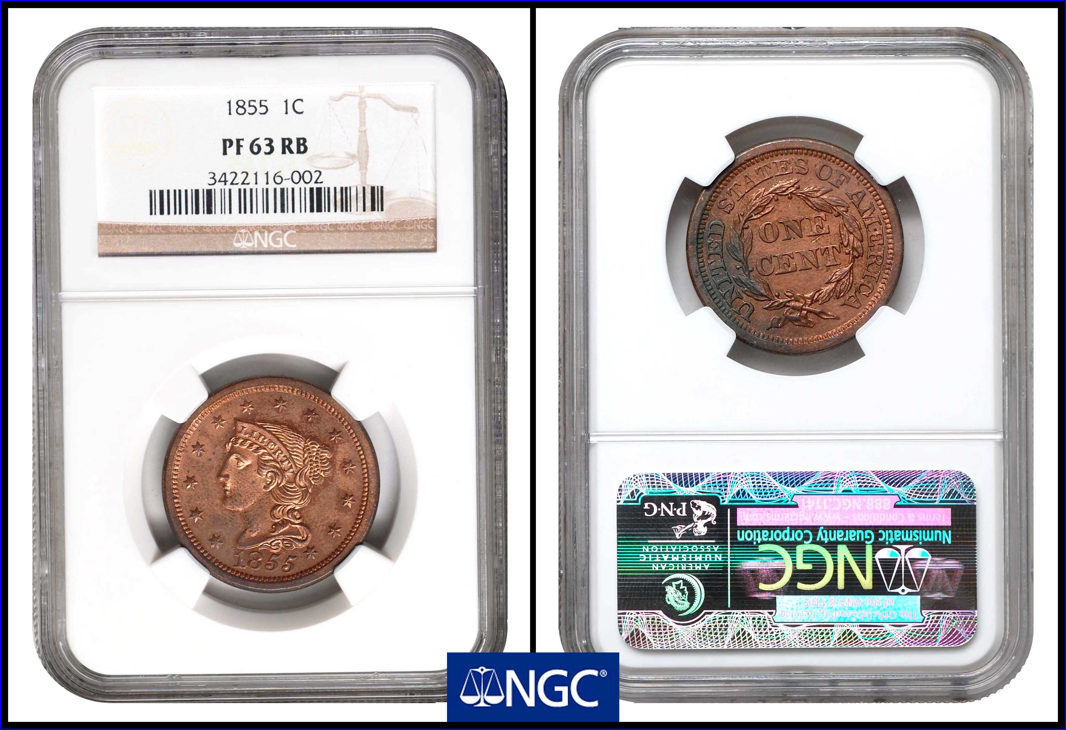 image for: 1855 Braided Hair Cent. N-10. Rarity-5 as a Proof. Slanting 5s. Proof-63 RB (NGC).