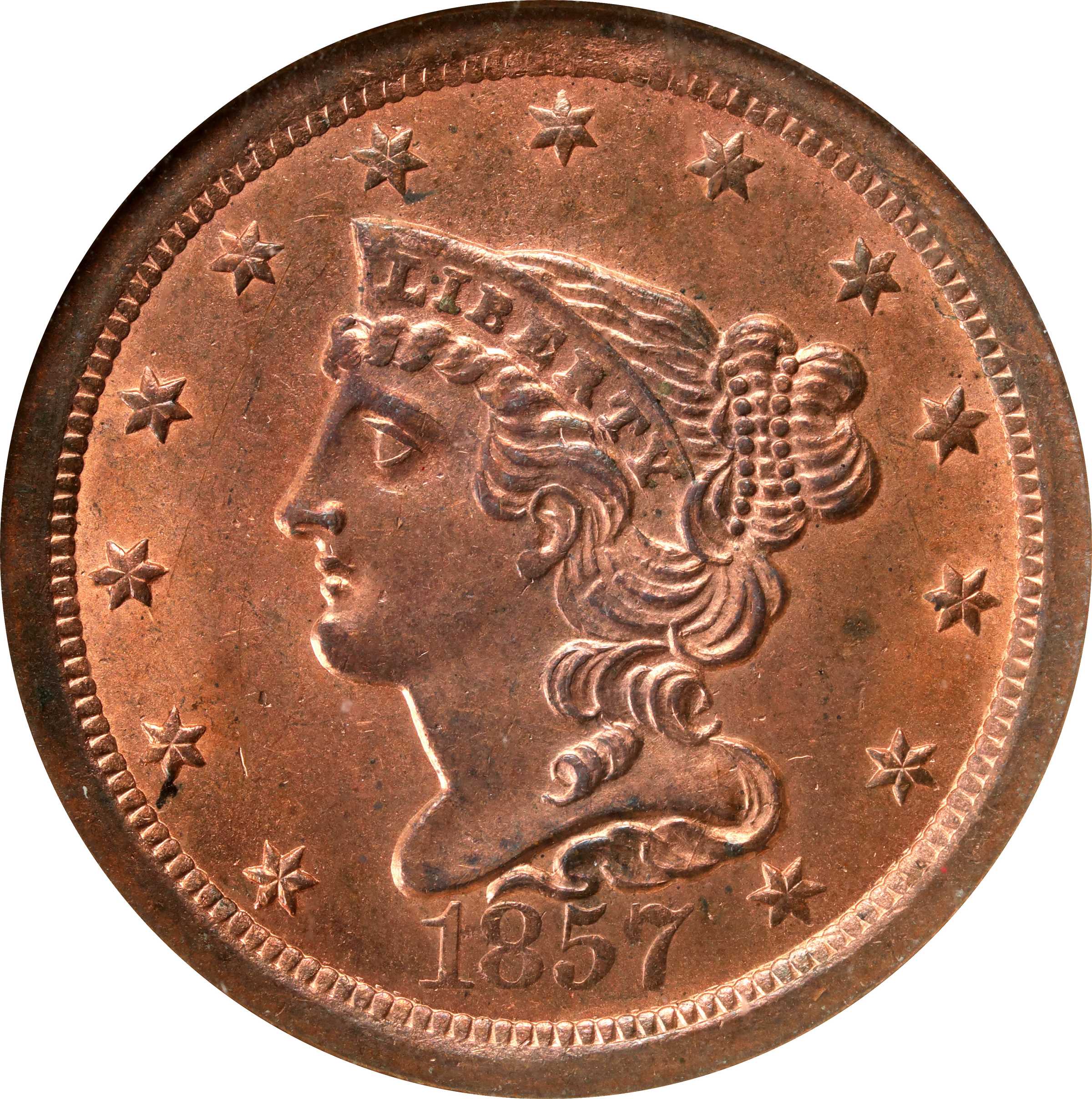 image for: 1857 Braided Hair Half Cent. C-1, the only known dies. Rarity-2. MS-64 RD (NGC).