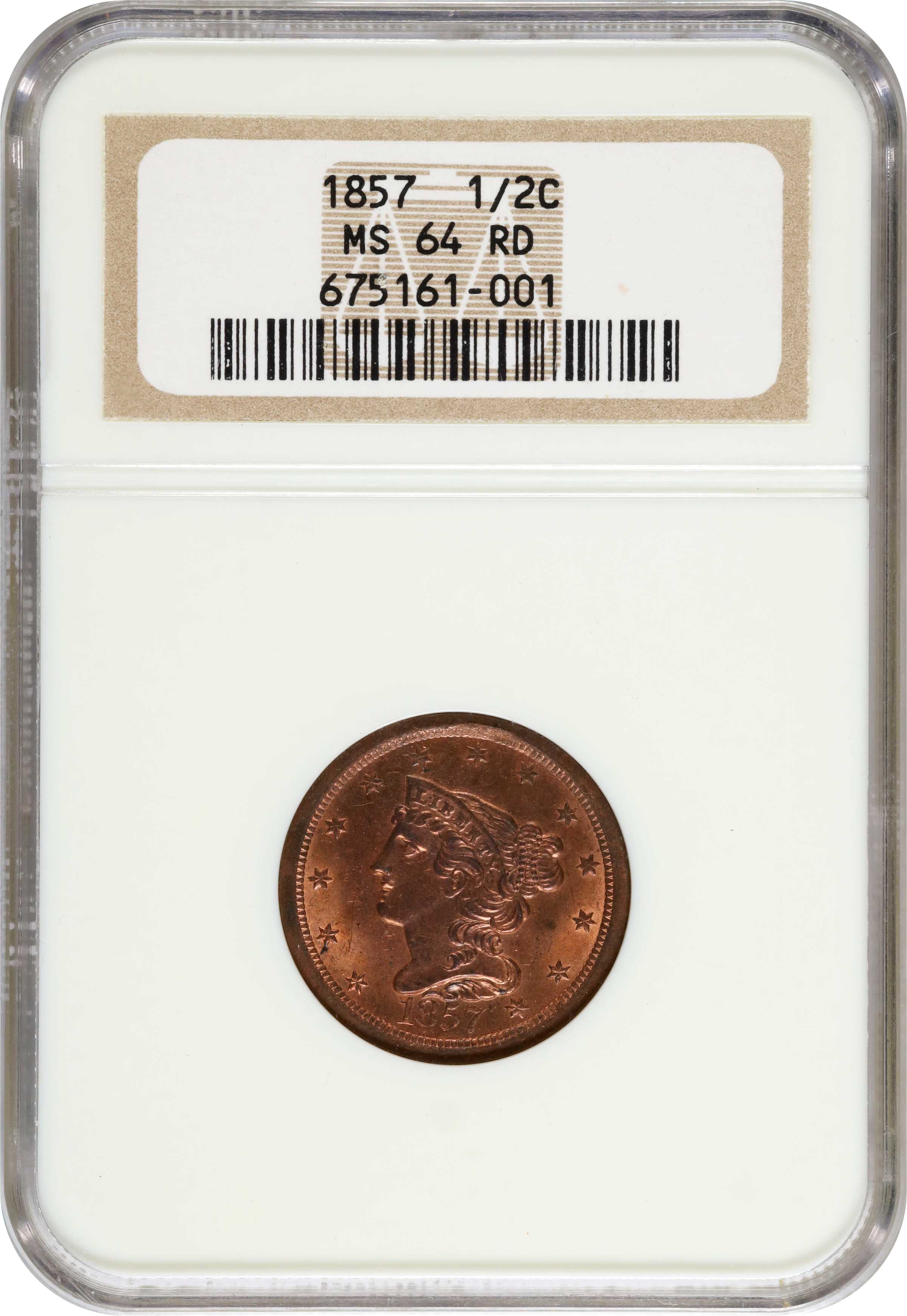 image for: 1857 Braided Hair Half Cent. C-1, the only known dies. Rarity-2. MS-64 RD (NGC).