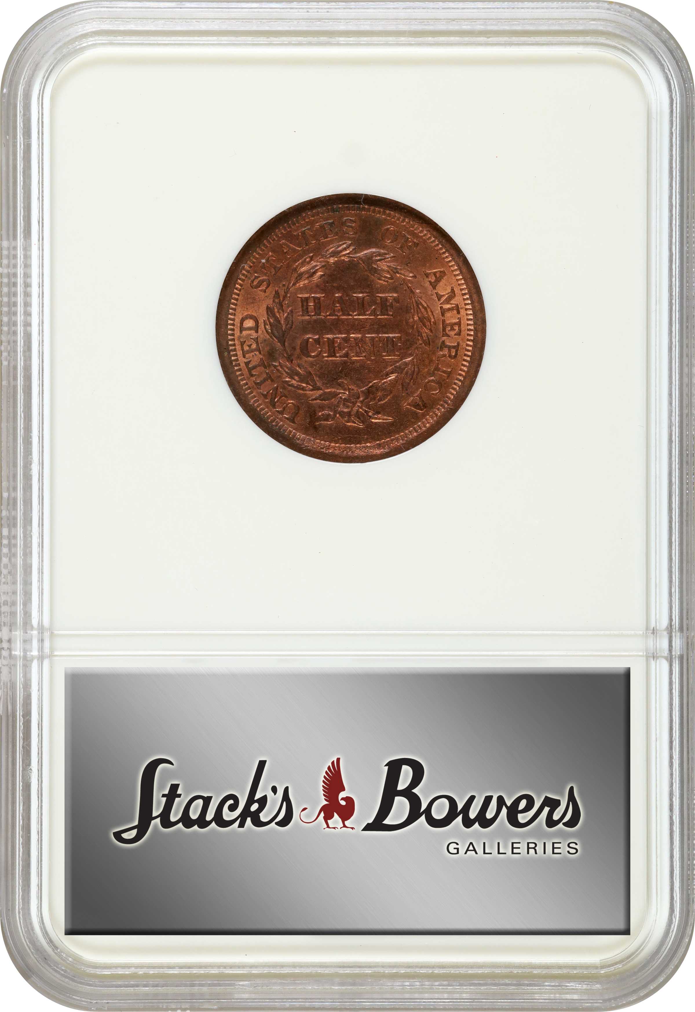 image for: 1857 Braided Hair Half Cent. C-1, the only known dies. Rarity-2. MS-64 RD (NGC).