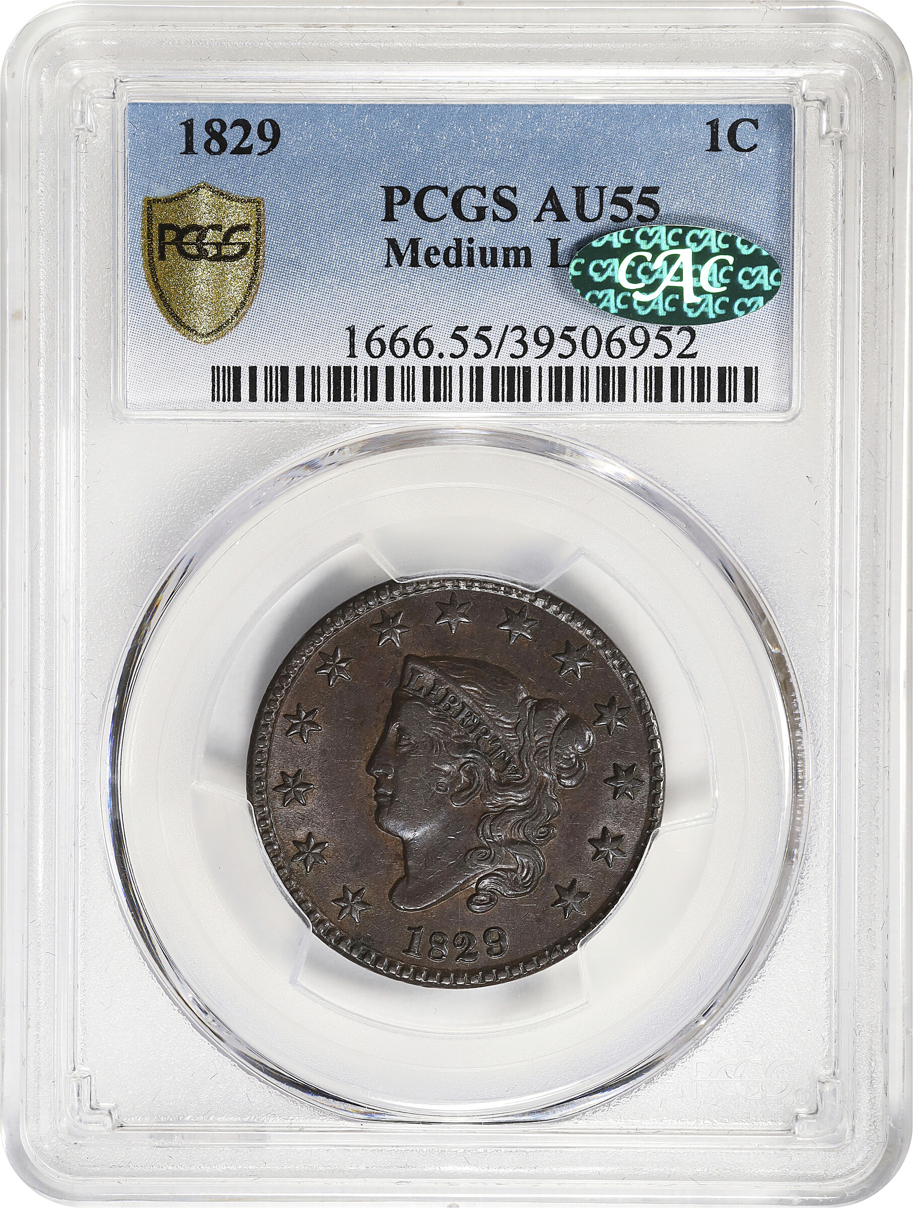 image for: 1829 Matron Head Cent. N-5. Rarity-3. Medium Letters. AU-55 (PCGS). CAC.