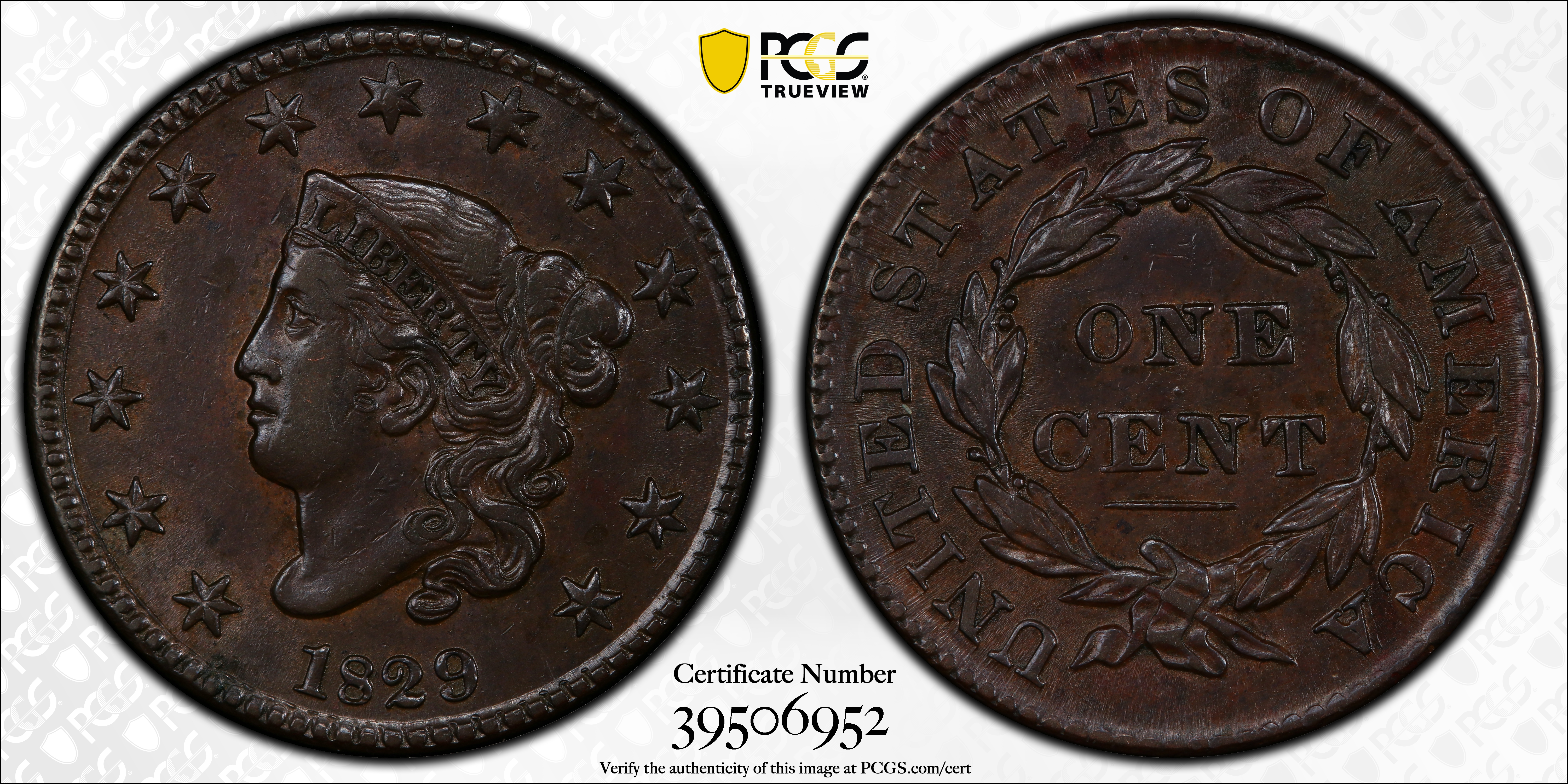 image for: 1829 Matron Head Cent. N-5. Rarity-3. Medium Letters. AU-55 (PCGS). CAC.