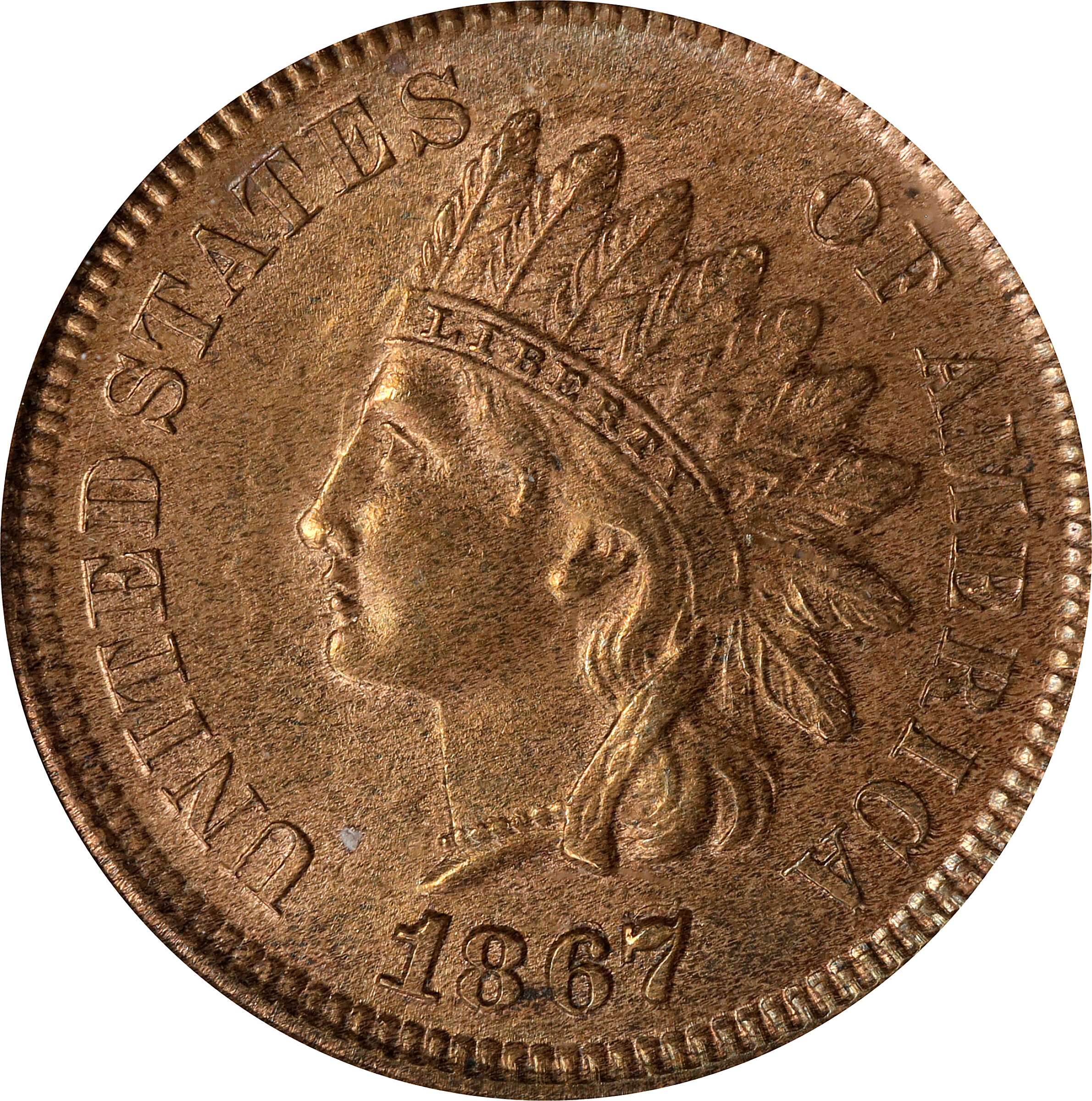 image for: 1867/67 Indian Cent. Snow-1a, FS-301. Repunched Date. MS-64 RB (PCGS). Eagle Eye Photo Seal.