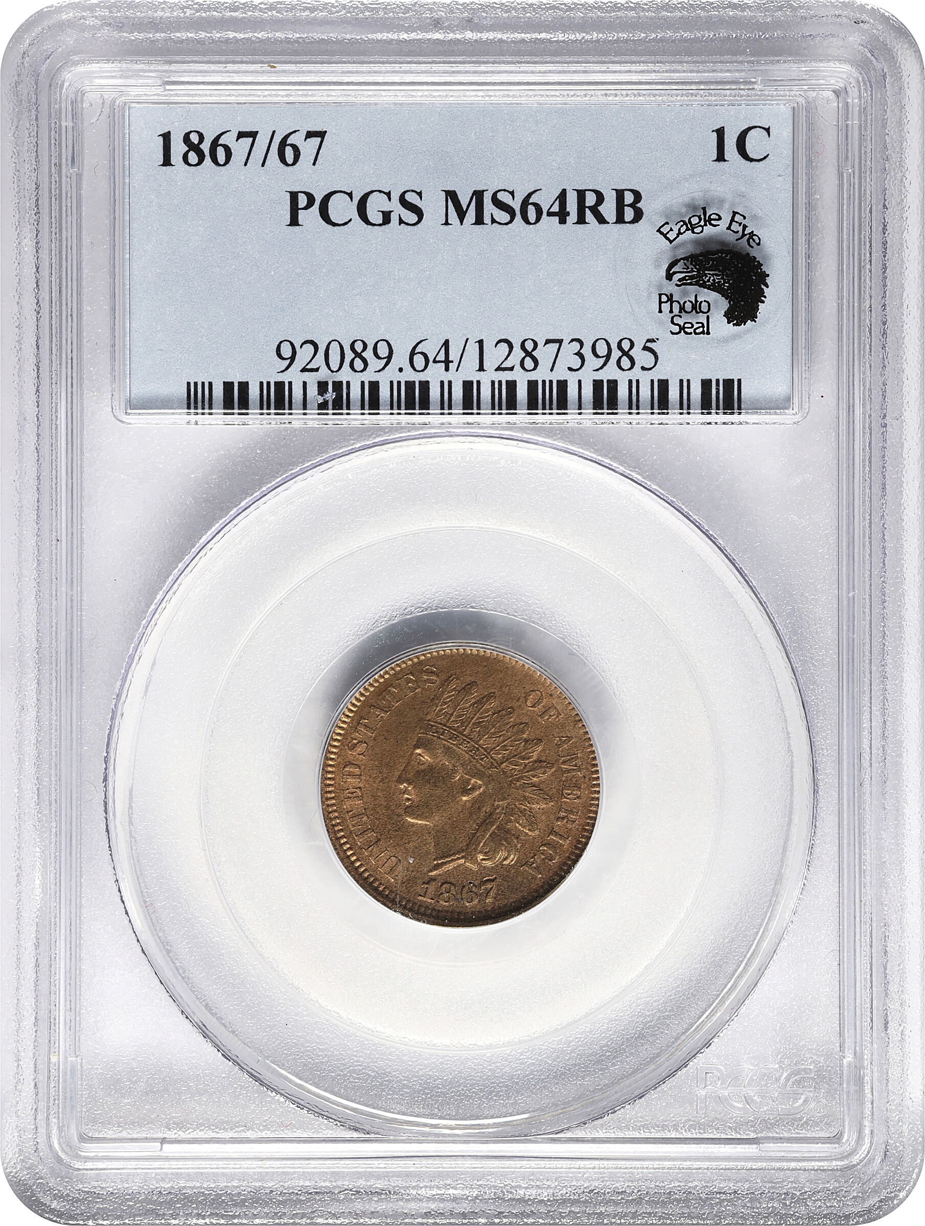 image for: 1867/67 Indian Cent. Snow-1a, FS-301. Repunched Date. MS-64 RB (PCGS). Eagle Eye Photo Seal.