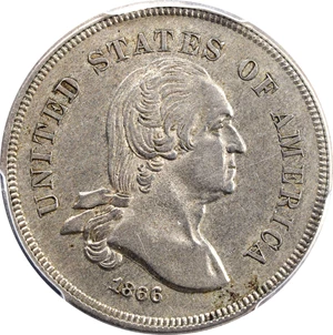 image for: 1866 Pattern Washington Five Cents. Judd-461, Pollock-535. Rarity-5. Nickel. Plain Edge. Proof-55 (PCGS).