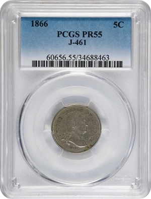 image for: 1866 Pattern Washington Five Cents. Judd-461, Pollock-535. Rarity-5. Nickel. Plain Edge. Proof-55 (PCGS).