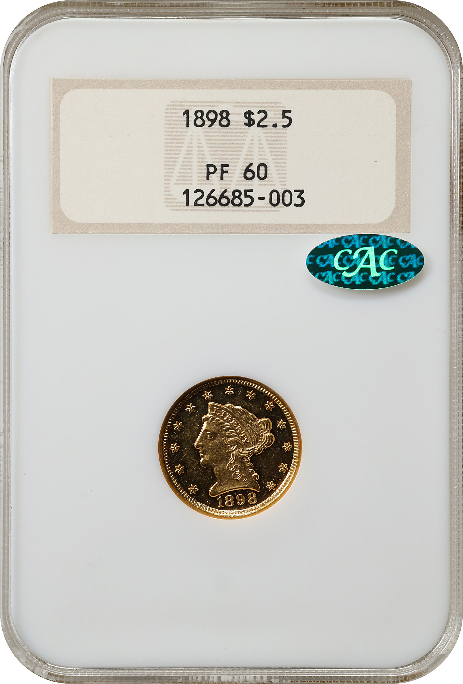 image for: 1898 Liberty Head Quarter Eagle. JD-1, the only known dies. Rarity-4. Proof-60 (NGC). CAC. OH.